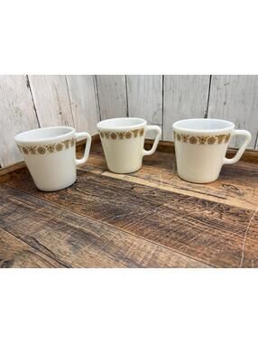 Pyrex Butterfly Gold Coffee Mugs Cups • D Handle #1410 Corning Corelle Set of 3